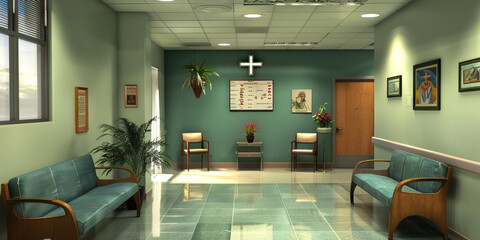 Hospital Chaplain's Office Wall: Displaying spiritual support resources, prayer requests, and a board with chaplaincy program information.