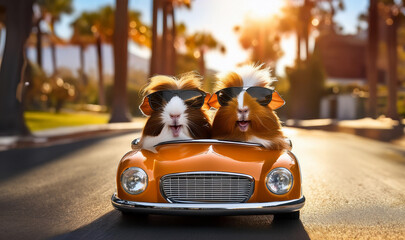Two happy guinea pigs wearing sunglasses while driving a toy car down a southern California street
