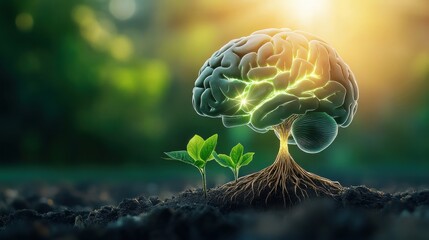 Rising Brain Pathway: A human brain with roots growing deep into the ground and branches reaching upward toward a bright, glowing sky