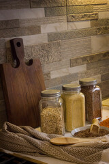 Different types of cereals, Buckwheat, Oats, flax, lentils and millet.
