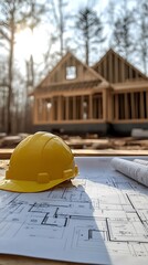 A photo of construction plans, blueprints, and building materials with an unfinished house in the background