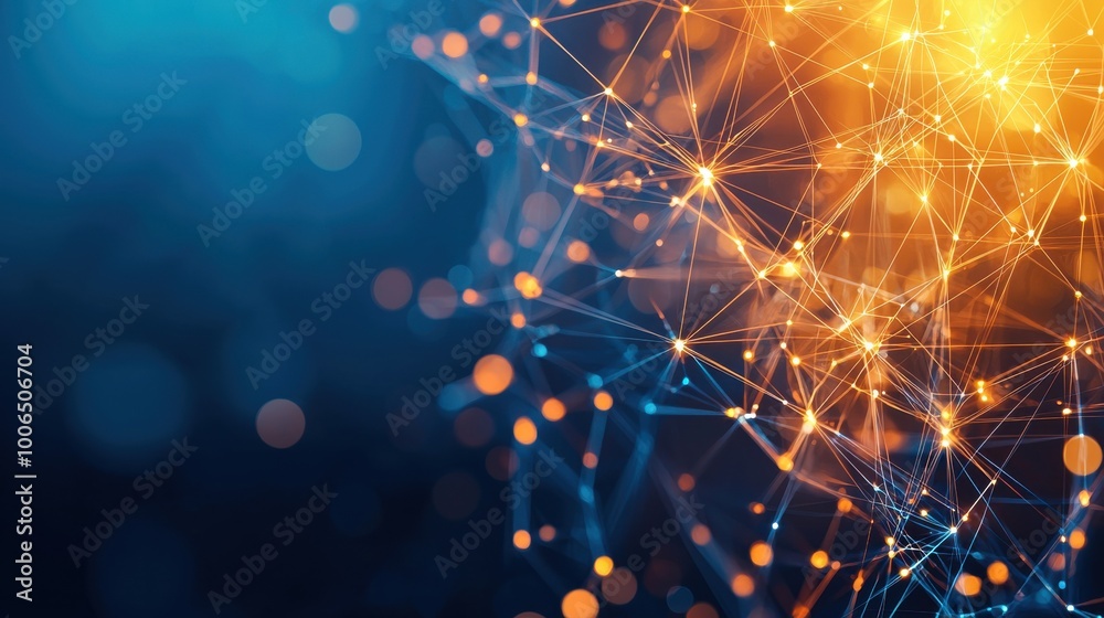 Poster shared web of thought: a web of lights and lines connecting the heads of different team members, eac