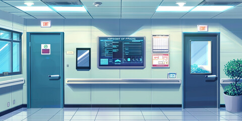 Hospital Security Office Wall: Adorned with security protocols, emergency response plans, and a board with security contact information