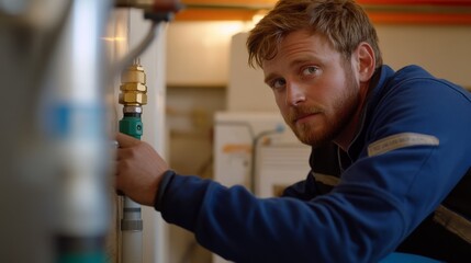 A young apprentice in blue overalls crouches beside a pipe, concentrating intently as he learns soldering techniques from a skilled plumber in a tool-filled workshop