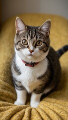 Obraz premium A relaxed tabby and white cat with soft, striped fur lounges on a textured brown blanket, its curious eyes looking forward, capturing the calm essence of domestic feline life