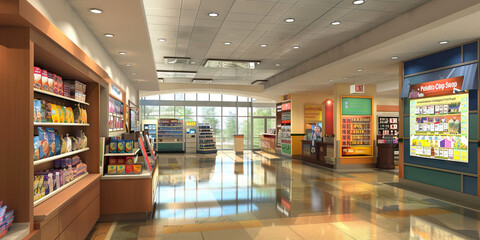 Hospital Gift Shop Wall: Featuring gift shop merchandise displays, seasonal promotions, and a board with gift shop hours.