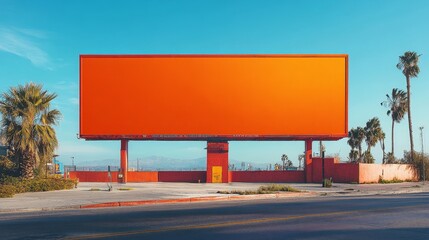 Billboard with a plain orange background featuring bold text promoting a new restaurant opening, Imagery with Art