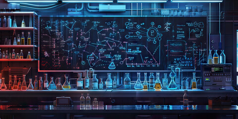 Biochemist's Lab Wall: Covered in biochemical reaction diagrams, lab safety guidelines, and a board with research project updates.
