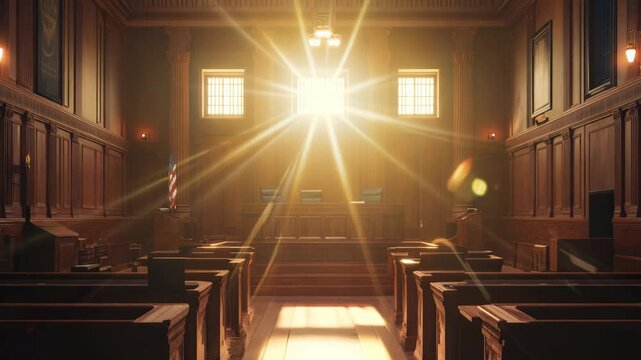 Empty courtroom with windows and sunlight streaming in, law and justice theme

