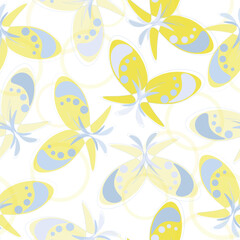 Watercolor seamless pattern with blue and white hydrangea flowers and petals illustration Beautiful insects isolated on white background.
