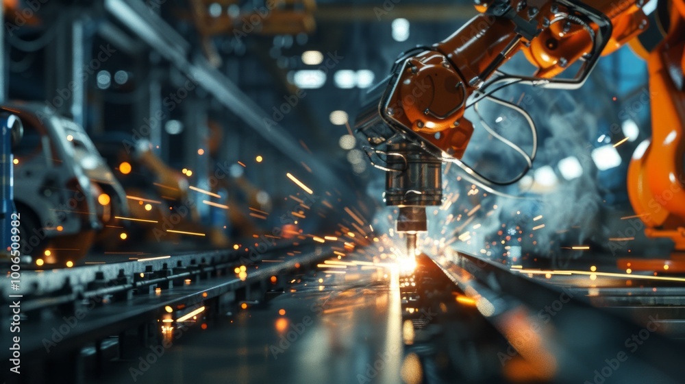 Poster a robot is working on a car in a factory