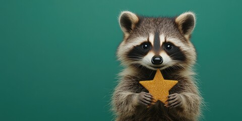 Fototapeta premium Raccoon Holding a Star Decoration for Christmas