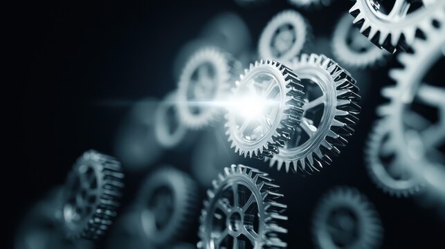 Single Gear in Motion: A series of abstract gears floating in the air, with only one gear clearly moving and connected to a bright beam of light
