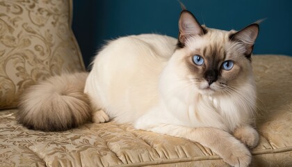 Obraz premium A beautiful Balinese cat relaxes on a golden cushion, its piercing blue eyes and fluffy cream fur creating an elegant and serene scene of feline sophistication