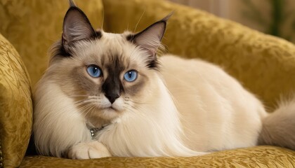 A regal-looking Balinese cat with striking blue eyes lounges on a luxurious golden couch, its creamy coat and dark facial markings creating a soft, elegant contrast