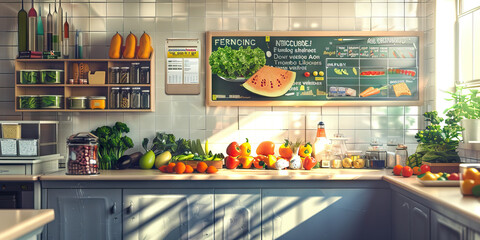 Hospital Nutritionist's Wall: Covered in dietary guidelines, nutrition charts, and a board with meal planning resources