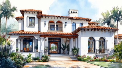 Elegant Mediterranean-style house with lush landscaping.