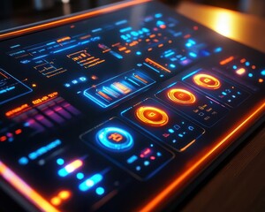 Smart home technology control panel with sleek interface, vibrant lighting, futuristic design, high-tech feel