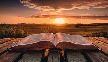 The Bible with Sunset on a Quiet Hilltop. An open Bible rests on a weathered wooden bench, bathed in the golden glow of a setting sun.