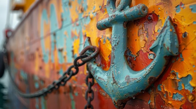 A large, rusted anchor is attached to a vibrant, peeling fishing boat docked in the harbor. The sky is overcast, creating a moody atmosphere in this tranquil location