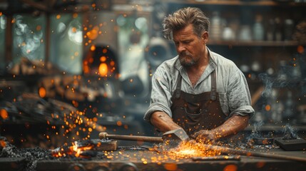 A blacksmith meticulously hammers glowing metal in a cluttered workshop, surrounded by tools and an array of glowing sparks illuminating the space