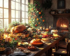 Thanksgiving feast with a vibrant spread, soft lighting, cozy atmosphere, rustic dining room, photo-realistic
