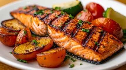 Grilled salmon served with colorful roasted vegetables on a white plate, showcasing a delicious and healthy meal option, Ideal for food blogs, menus, or culinary advertising,
