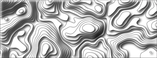 White background topography contour map with black curve lines. Geography contour map linear background vector illustration. White topology and topography vector design