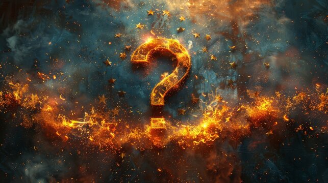 A vibrant question mark formed from fire and sparks stands against a dark, starry background, creating a captivating and mysterious atmosphere