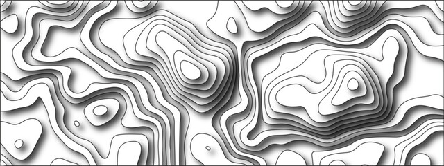 White background topography contour map with black curve lines. Geography contour map linear background vector illustration. White topology and topography vector design