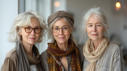 Three women with gray hair wear chic outfits and accessories while smiling together in a warm, inviting indoor space filled with soft light