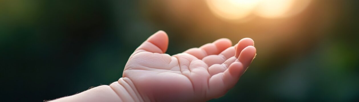 A close-up of an open, infant hand reaching out, illuminated by warm sunlight, symbolizes innocence and potential, This image can be used for parenting articles, childcare, or educational materials,