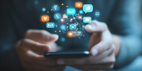 Clouse up of hands holding a smartphone with social media icons floating