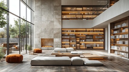 Modern living room with cozy seating and a library backdrop.