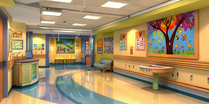 Hospital Child Life Specialist's Wall: Adorned with child-friendly activity ideas, pediatric patient resources, and a board with child life program updates.