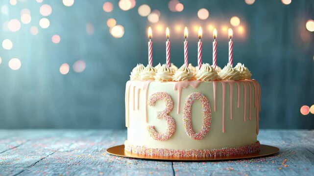 Birthday cake with the number "30" and burning candles on it on a beautiful light blue background with space for text or inscriptions
