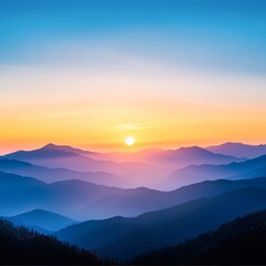 Obraz premium A breathtaking sunrise over layered mountain ranges, showcasing vibrant hues of orange and blue, ideal for travel blogs, nature magazines, or inspirational wallpapers,