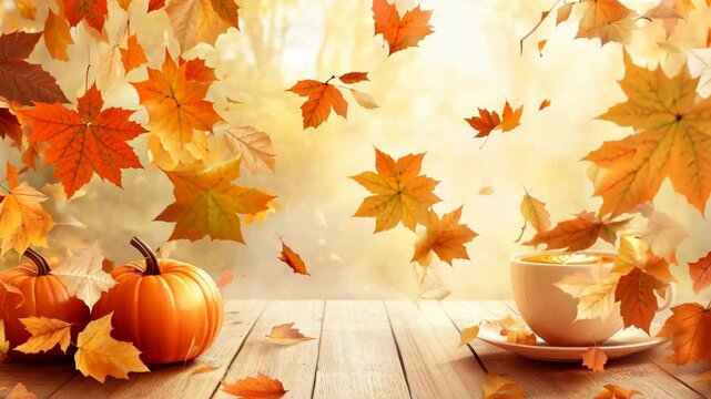 Beautiful autumn background with white cup of latte coffee and pumpkins on wooden table with falling golden autumn leaves on orange trees background
