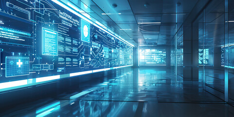 Hospital IT Department Wall: Covered in network diagrams, cybersecurity guidelines, and a board with IT support contact information.