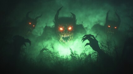 Grotesque monsters with twisted faces and eerie expressions for Halloween.