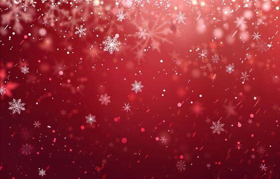 Festive red background white snowflakes and soft bokeh design