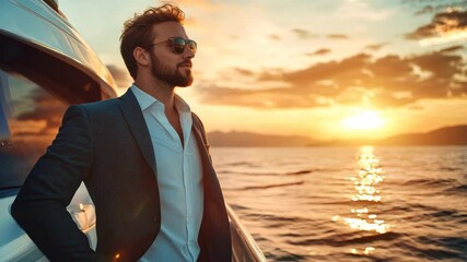 Rich man or businessman in suit and sunglasses standing on a boat or yacht looking into the distance with a beautiful sunset in the background, space for text or inscriptions
