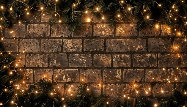 Rustic brick wall adorned with festive string lights and green garlands design , banner
