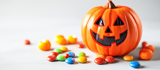 Happy Large Orange Halloween Pumpkin with Candy Drops. Spooky, Scary, Smiling Face, Funny, Positive 3D Cartoon Jack o'Lantern Decoration, Colorful Trick or Treat Dragee Sweets, Light White Background