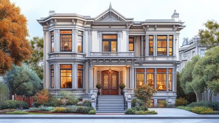 Elegant mansion with landscaped garden and ornate architecture.