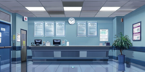 Hospital Billing Department Wall: Featuring insurance billing guidelines, payment plan options, and a board with billing inquiries contact information