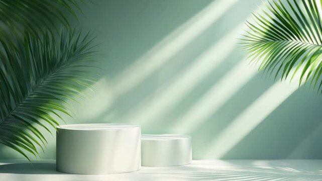 Two white empty podiums for product presentations against a light wall with shadows and moving green fern leaves on the sides. Product space
