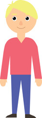 cartoon happy guy with light hair, blond, in a red sweater and blue pants, easy to edit, stock vector