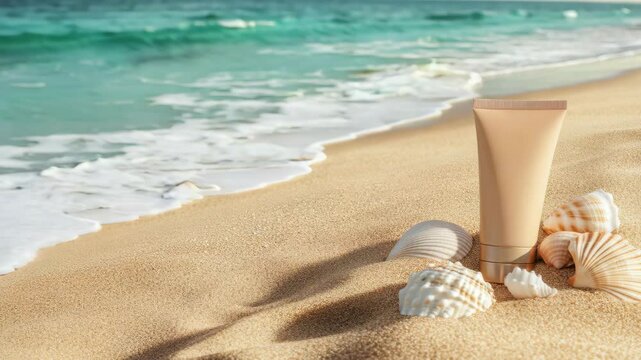 Mockup of a bottle of cream without a label with shells next to it on the sea beach with waves close up, advertisement or banner for cream or self-tanner
