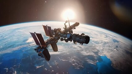 Satellite or space station in outer space against the background of the globe in motion close-up with space for text or inscriptions
 - Powered by Adobe